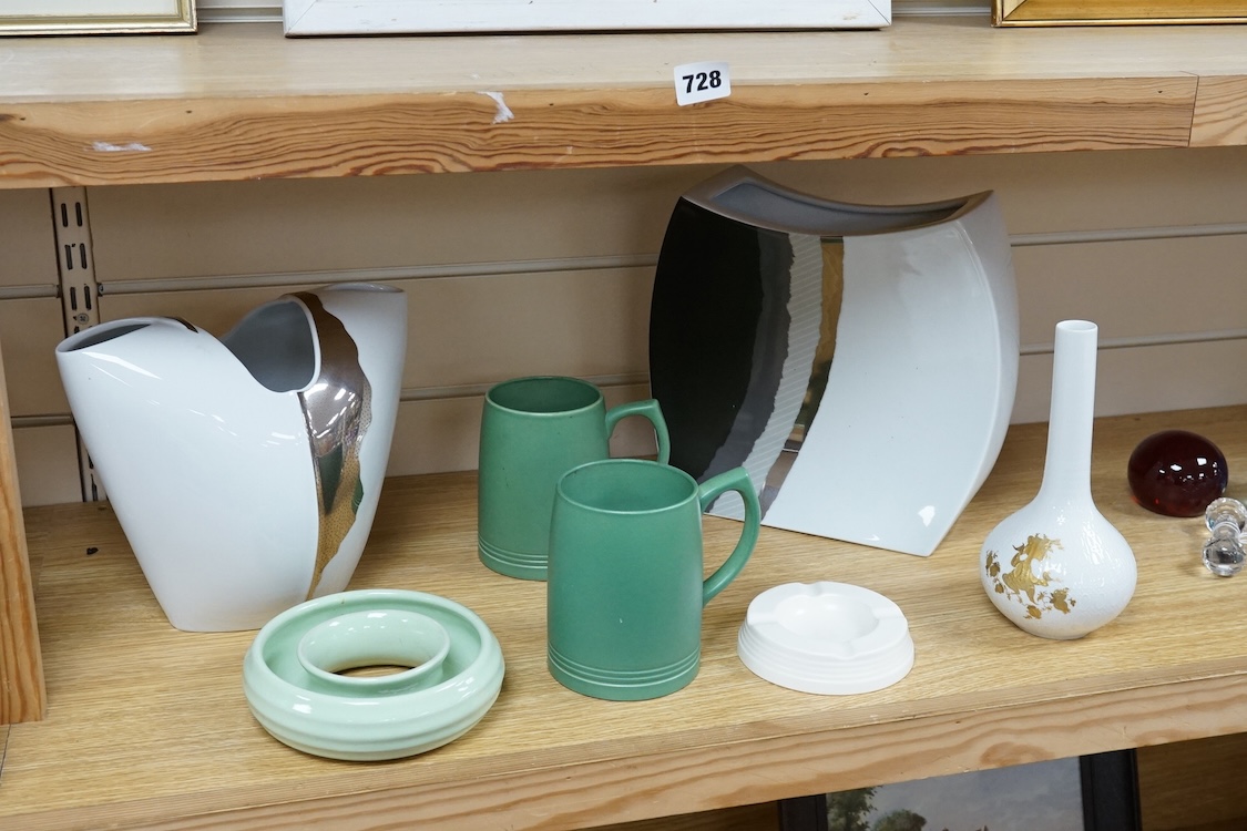 A collection of Rosenthal and Wedgwood pottery to include a pair of Keith Murray mugs, abstract vases and an ash tray, largest 25cm high